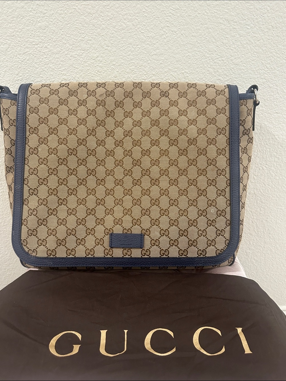 Gucci Beige GG Canvas Diaper Bag with Blue Trim